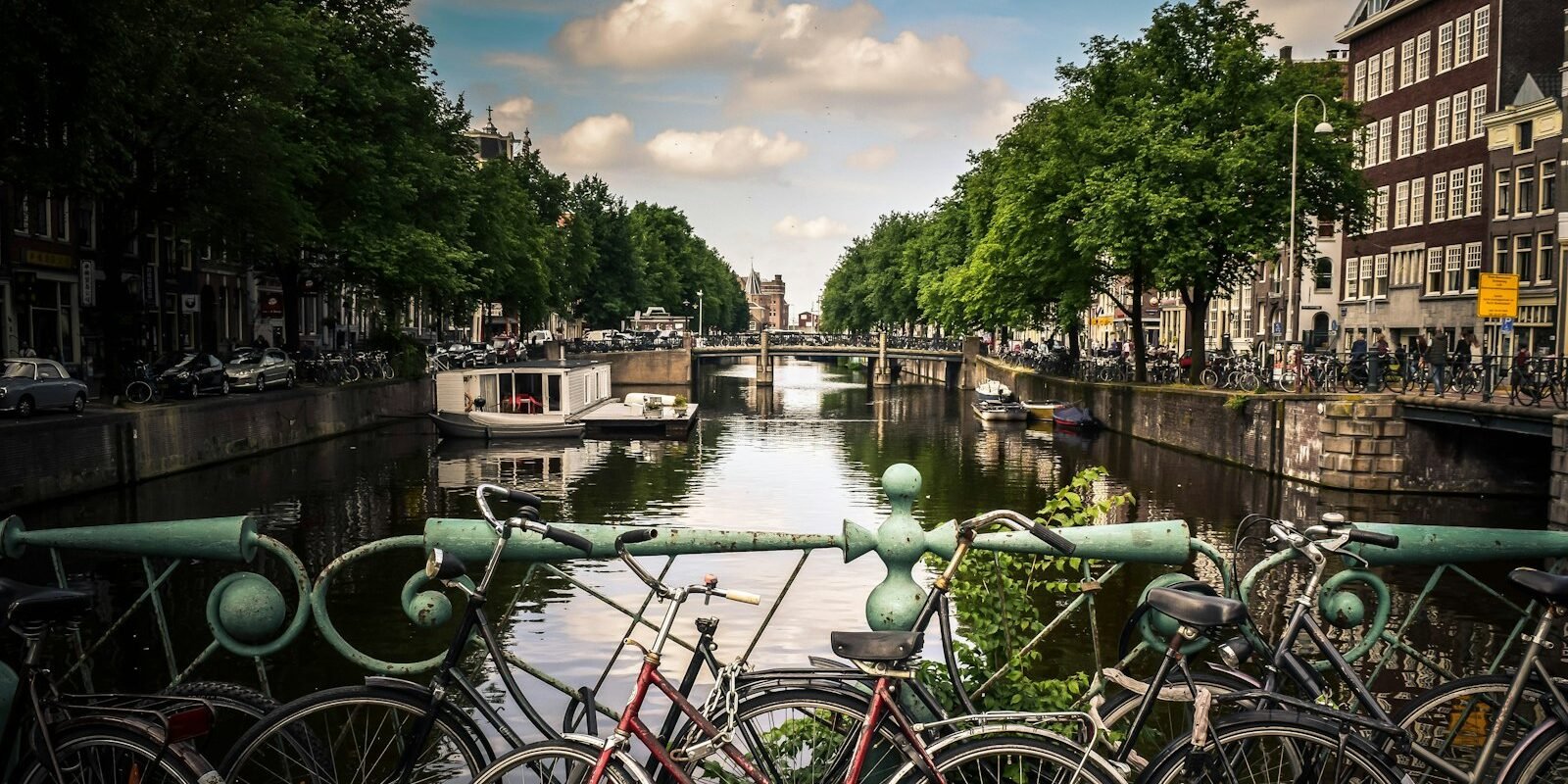 Bicycles parked along an Amsterdam canal