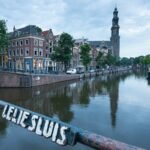 The Prinsengracht canal and Westerkerk tower near the Anne Frank House