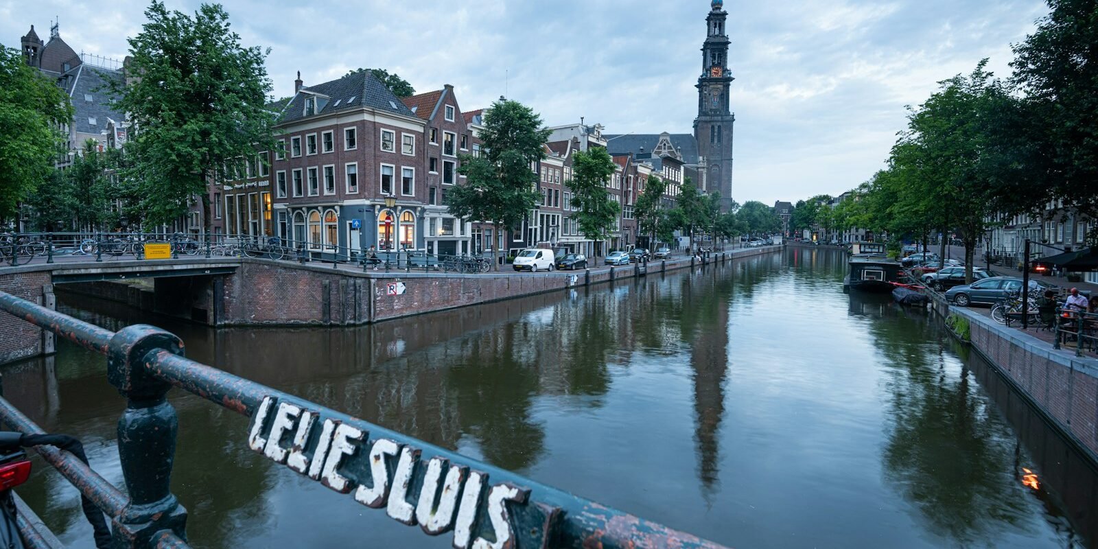 The Prinsengracht canal and Westerkerk tower near the Anne Frank House