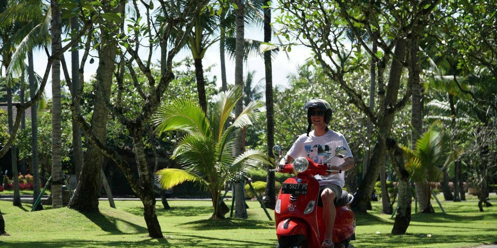 A scooter on a palm-lined road in Bali