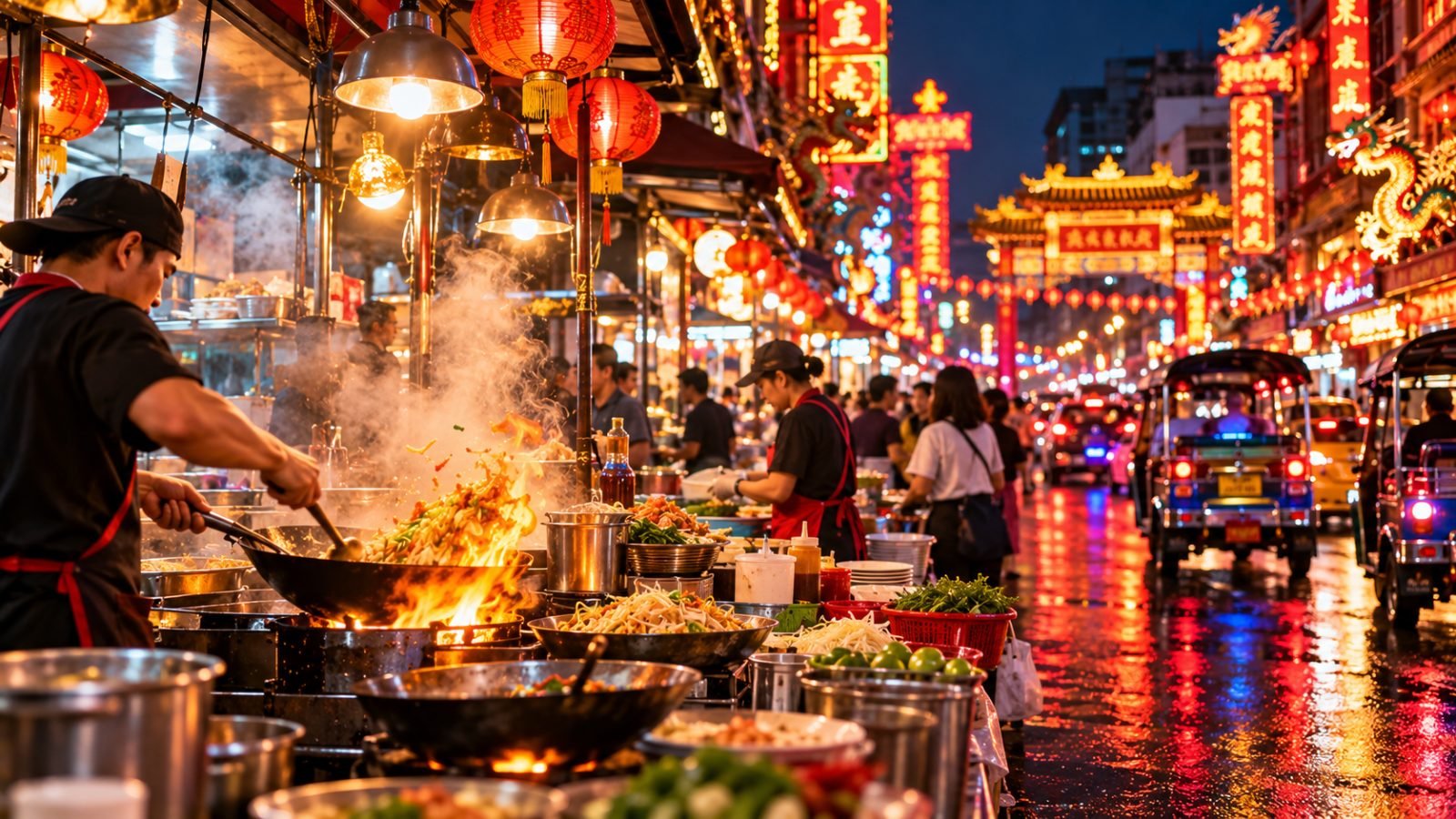 Street food stall at night in Chinatown, Bangkok
