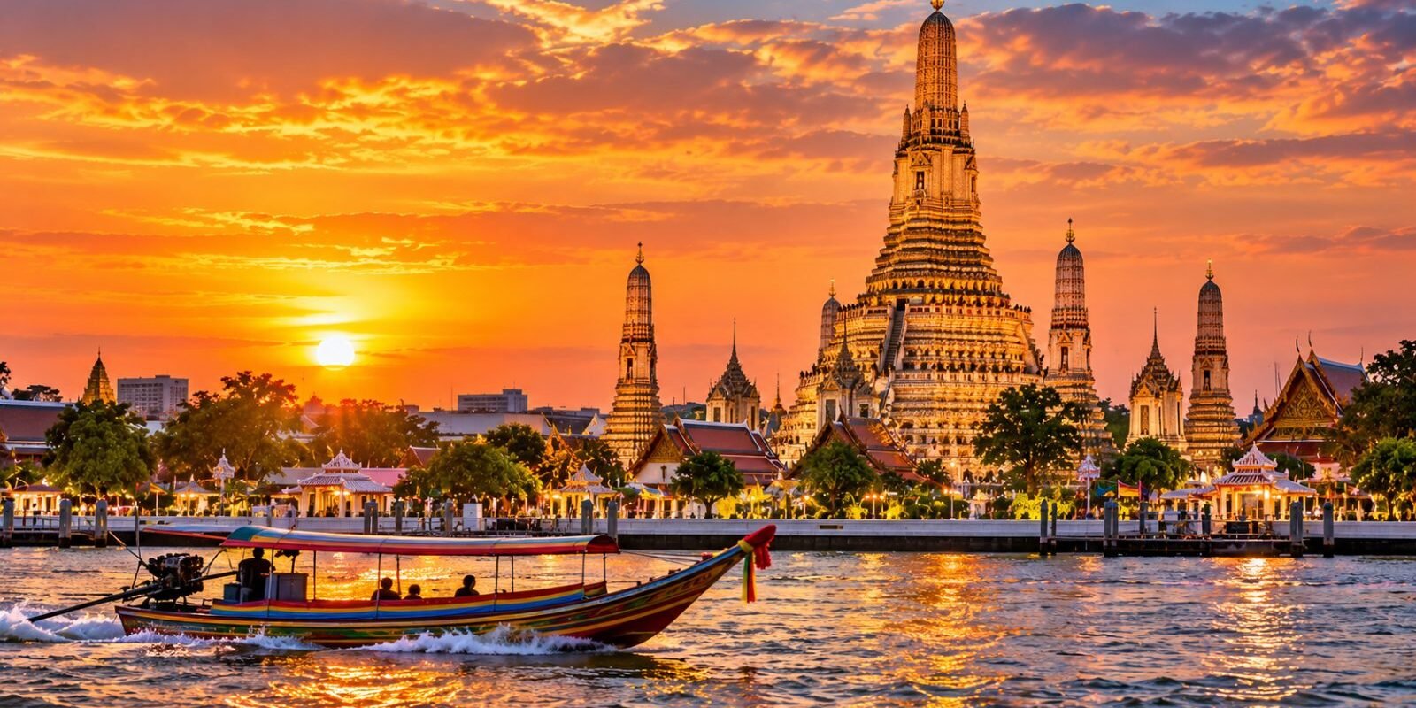 Wat Arun temple on the Chao Phraya river in Bangkok at sunset