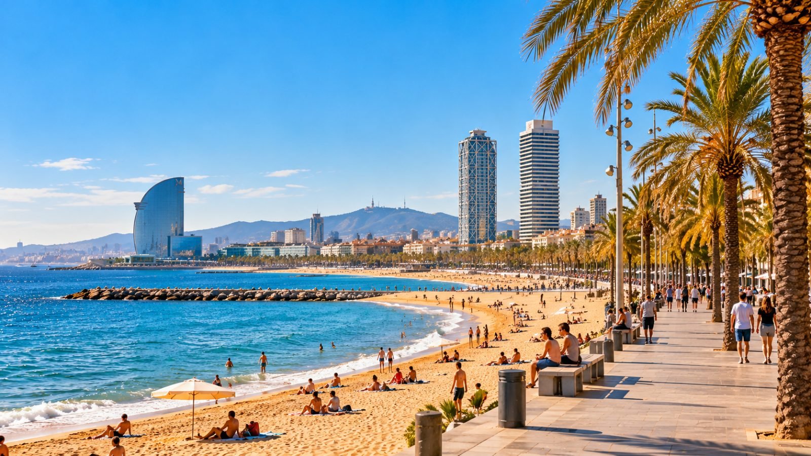 Barceloneta beach and promenade in Barcelona