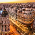 Barcelona rooftops and Modernist buildings at sunset