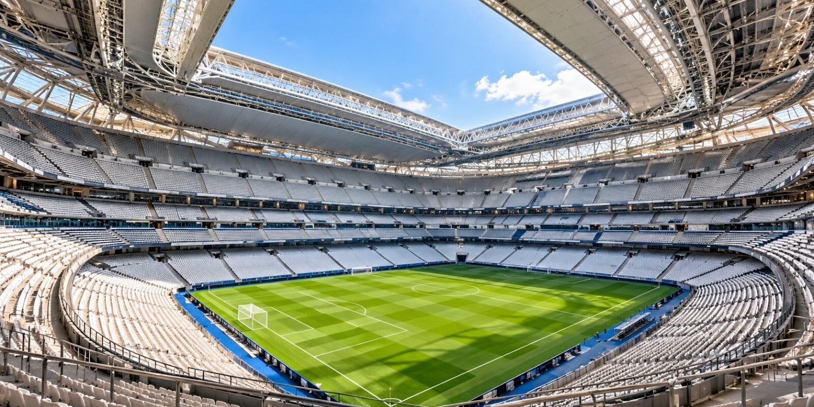 Inside a modern football stadium with a retractable roof and green pitch