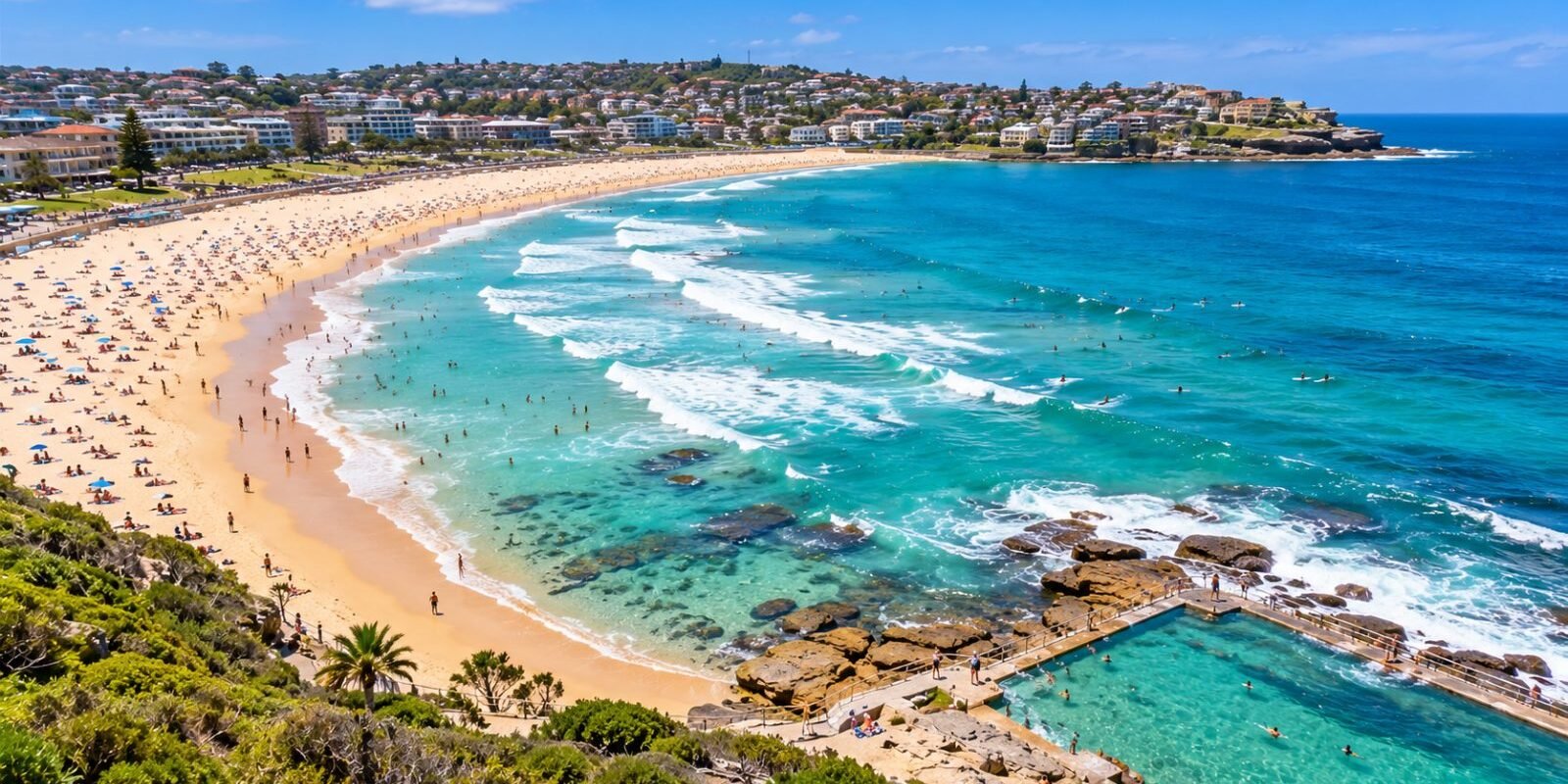 Aerial view of a Sydney surf beach with an ocean rock pool