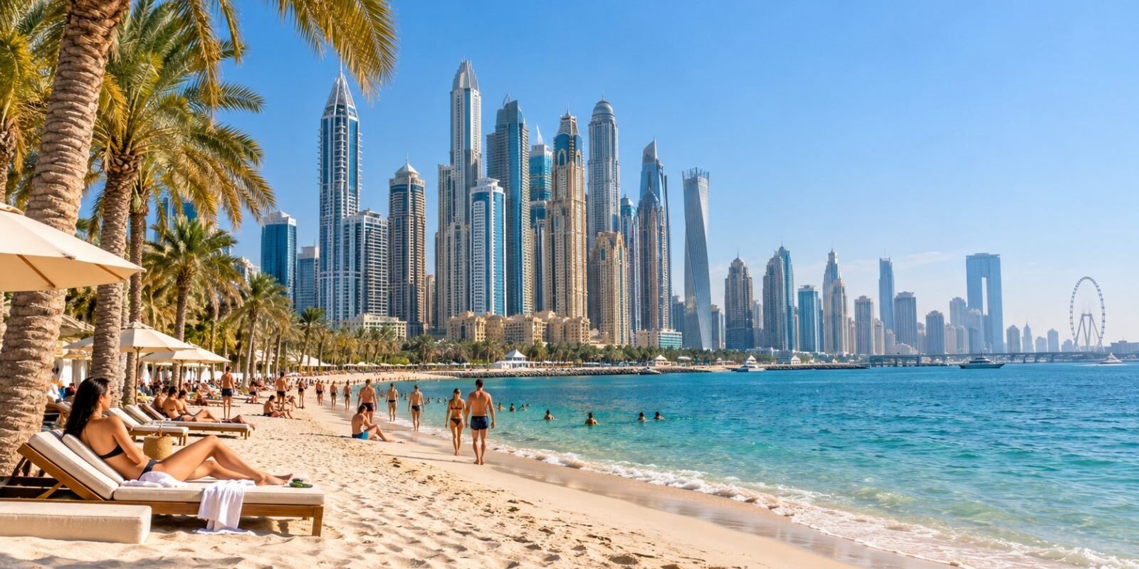 Dubai beach and skyline on a sunny winter day with palm trees