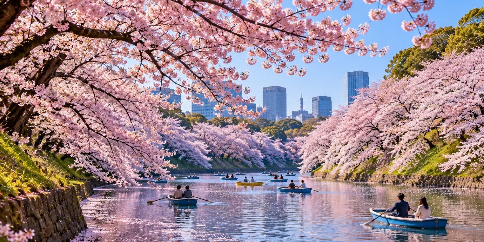Cherry blossoms in full bloom over a moat in Tokyo in spring