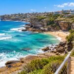 Walkers on the Bondi to Coogee coastal path above a turquoise bay