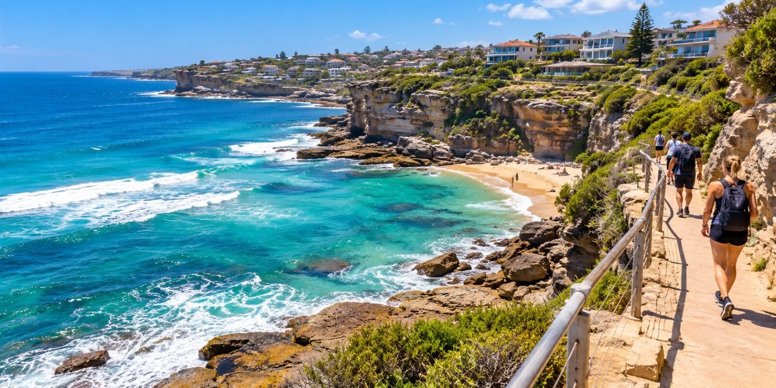 Walkers on the Bondi to Coogee coastal path above a turquoise bay