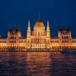 The Hungarian Parliament lit up at night on the Danube, Budapest
