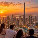 Visitors on an observation deck above Downtown Dubai at sunset