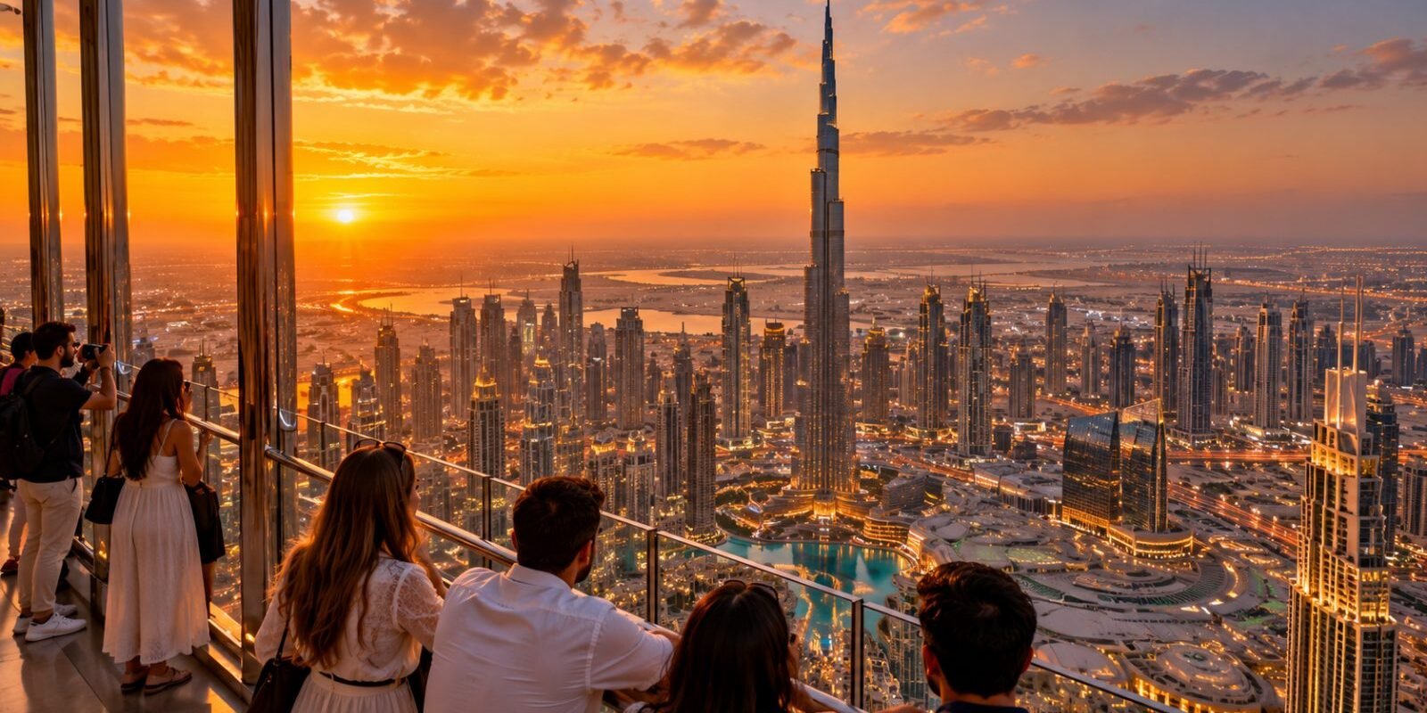 Visitors on an observation deck above Downtown Dubai at sunset