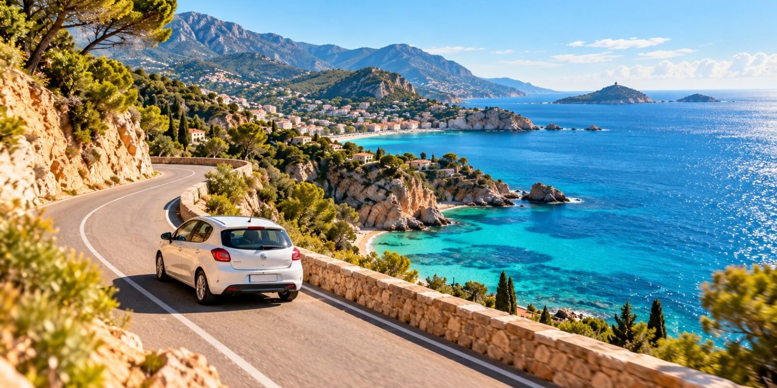 Small rental car on a coastal road above a turquoise sea