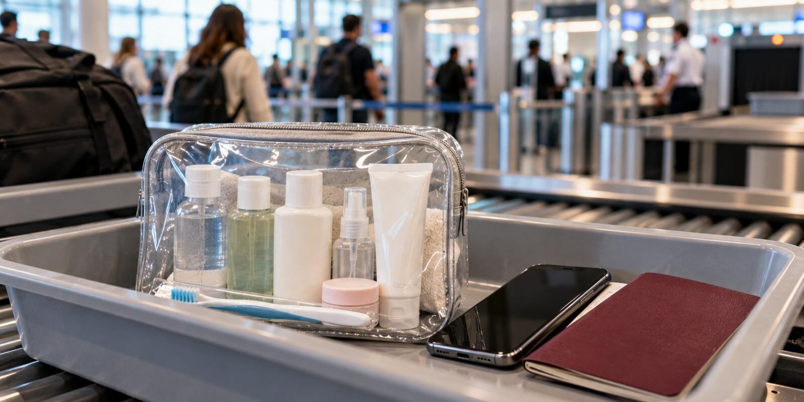 A clear toiletry bag with travel-size liquids in an airport security tray