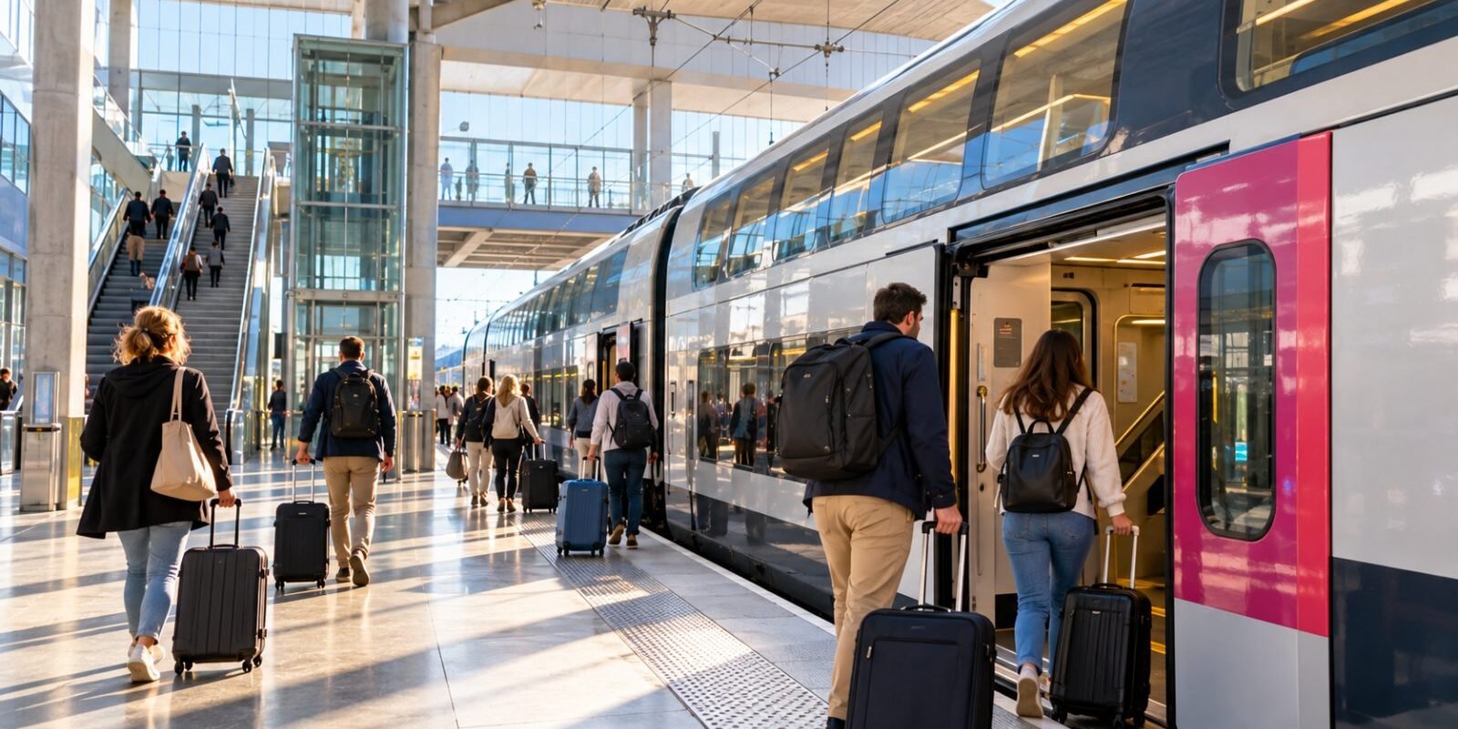 Travellers with suitcases boarding a commuter train at an airport station near Paris