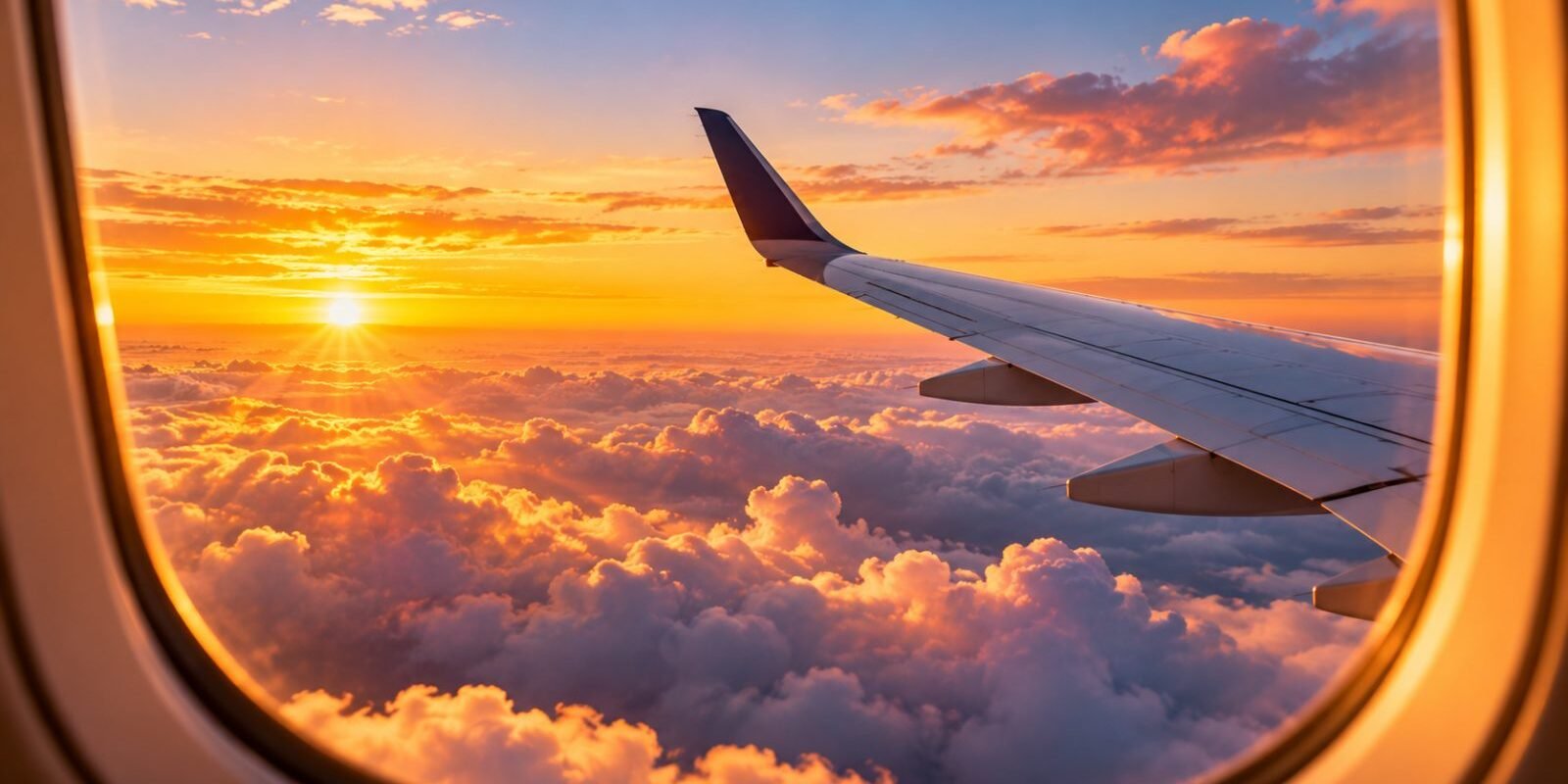 View from an airplane window above the clouds at sunrise