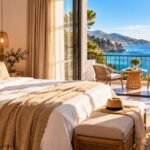 Bright hotel room with a balcony and sea view