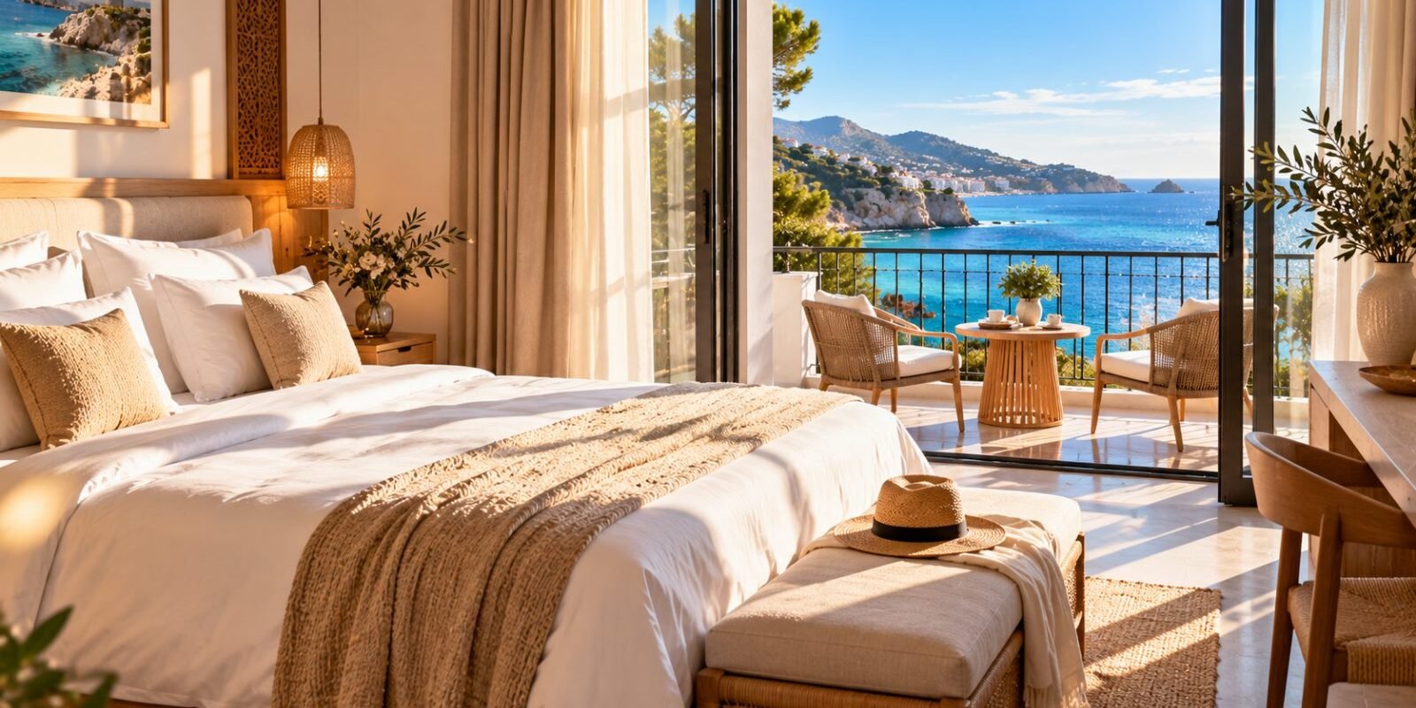 Bright hotel room with a balcony and sea view