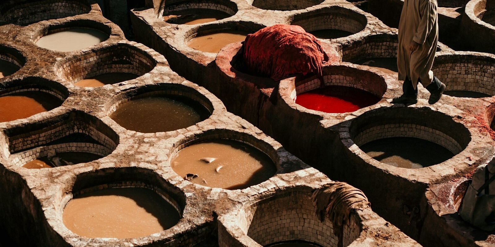 Colourful vats at the Chouara tannery, Fes
