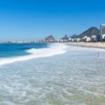 Copacabana beach and waves with hotels on the seafront