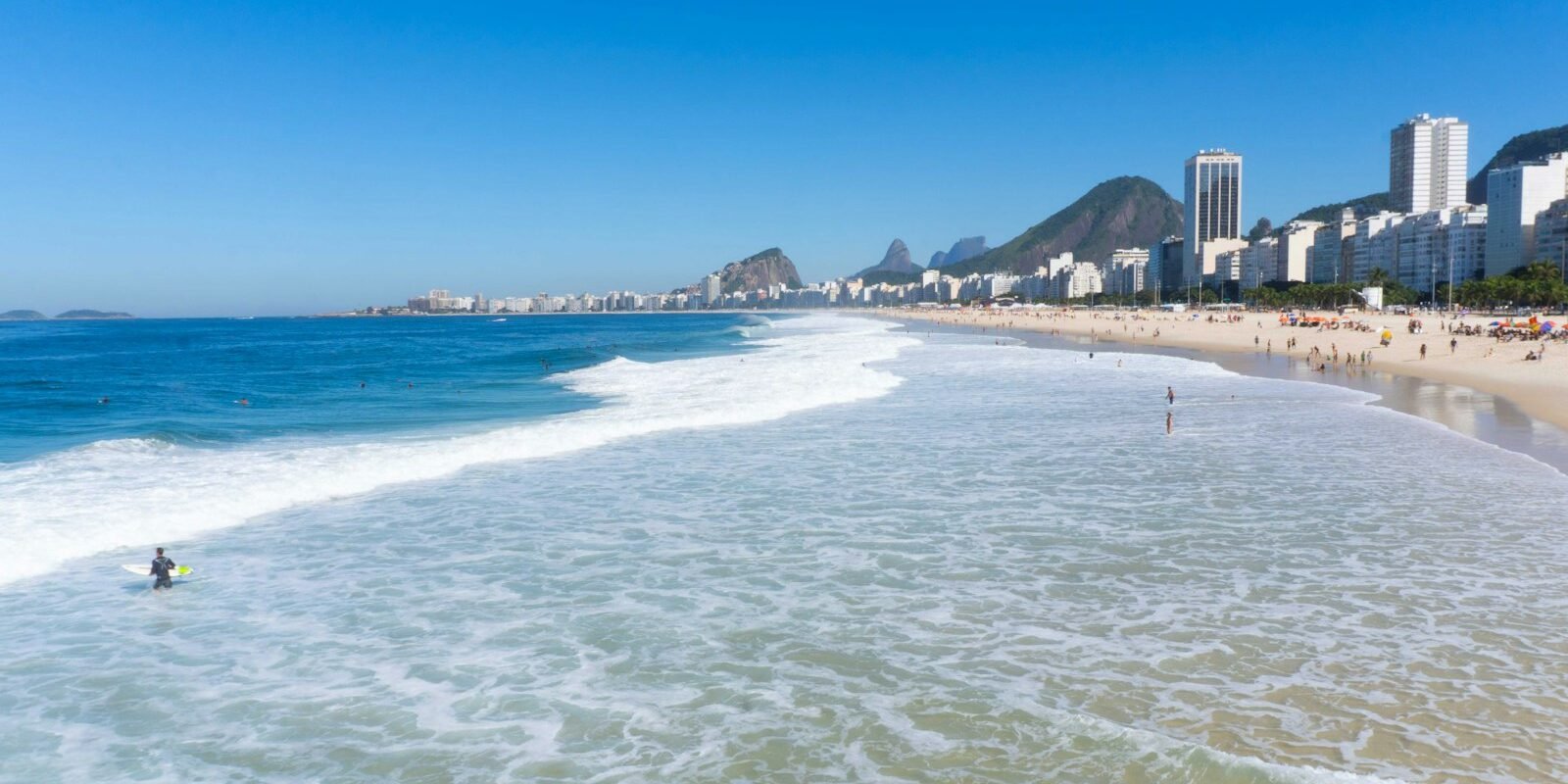 Copacabana beach and waves with hotels on the seafront