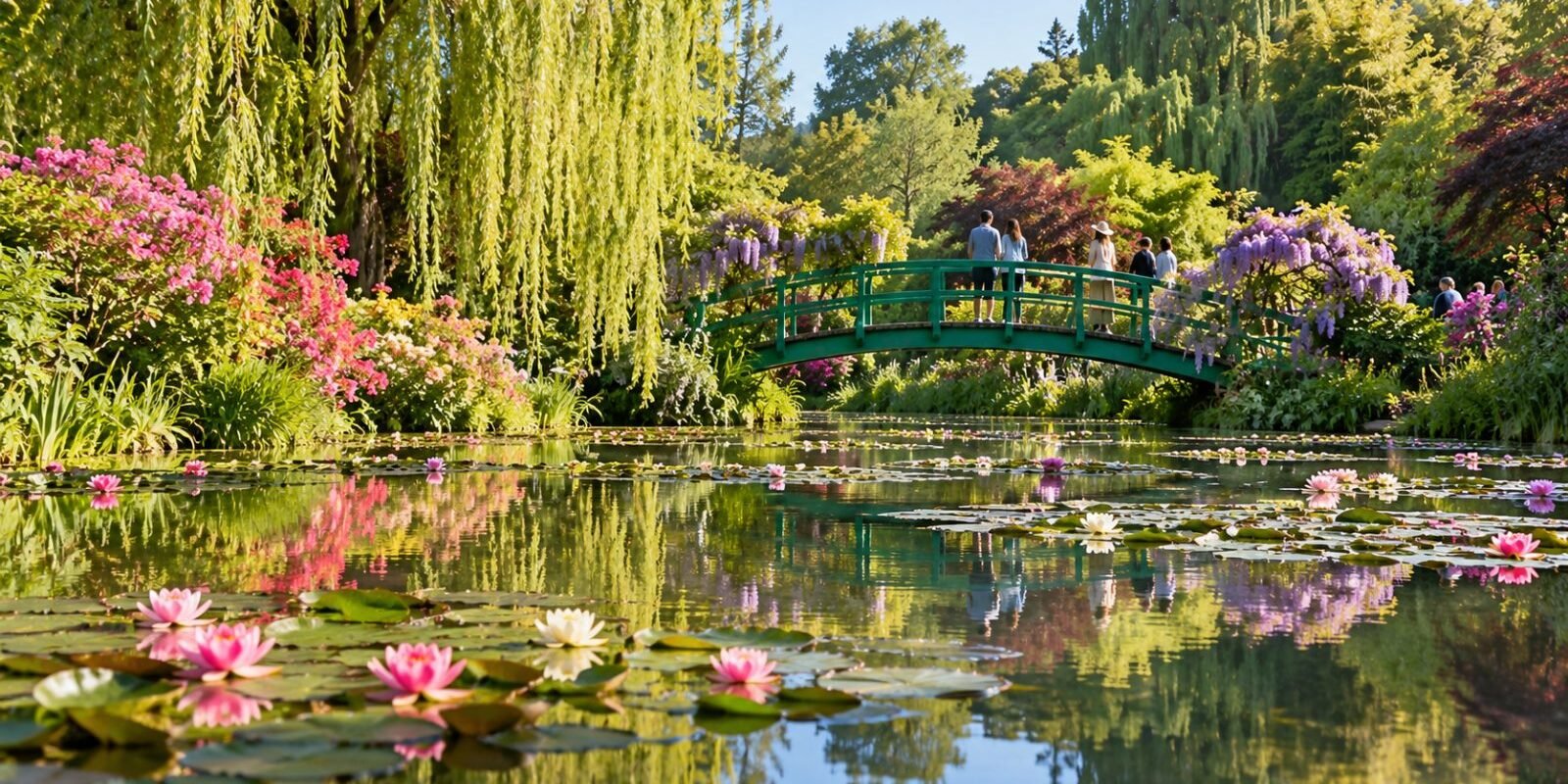 Water-lily pond with a green Japanese footbridge in a French impressionist garden