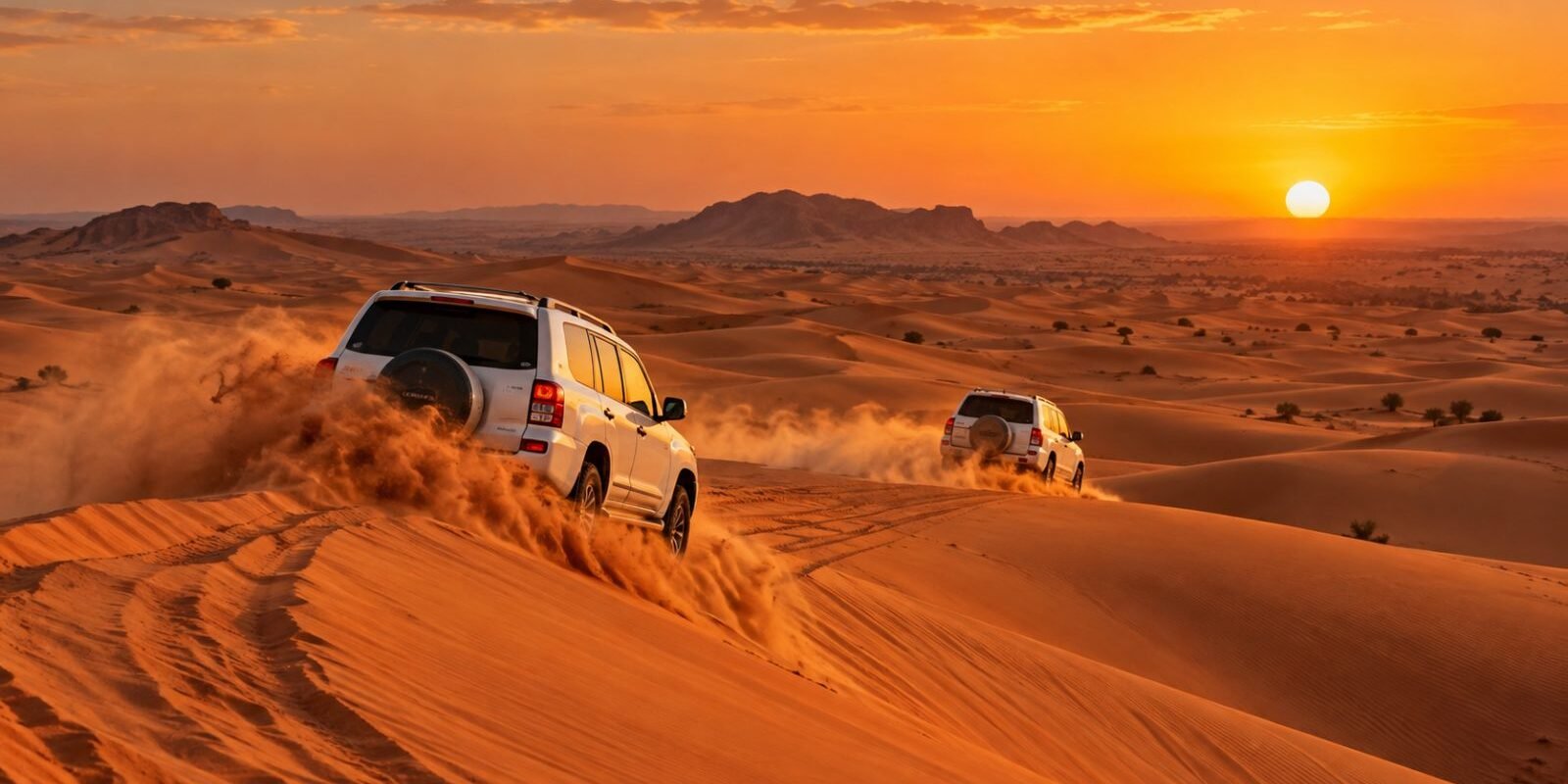 4x4 vehicles driving over red sand dunes on a desert safari near Dubai at sunset