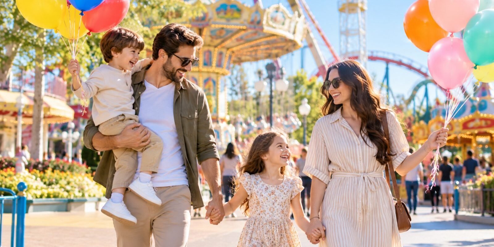 Happy family with balloons on a sunny day at a theme park near Paris