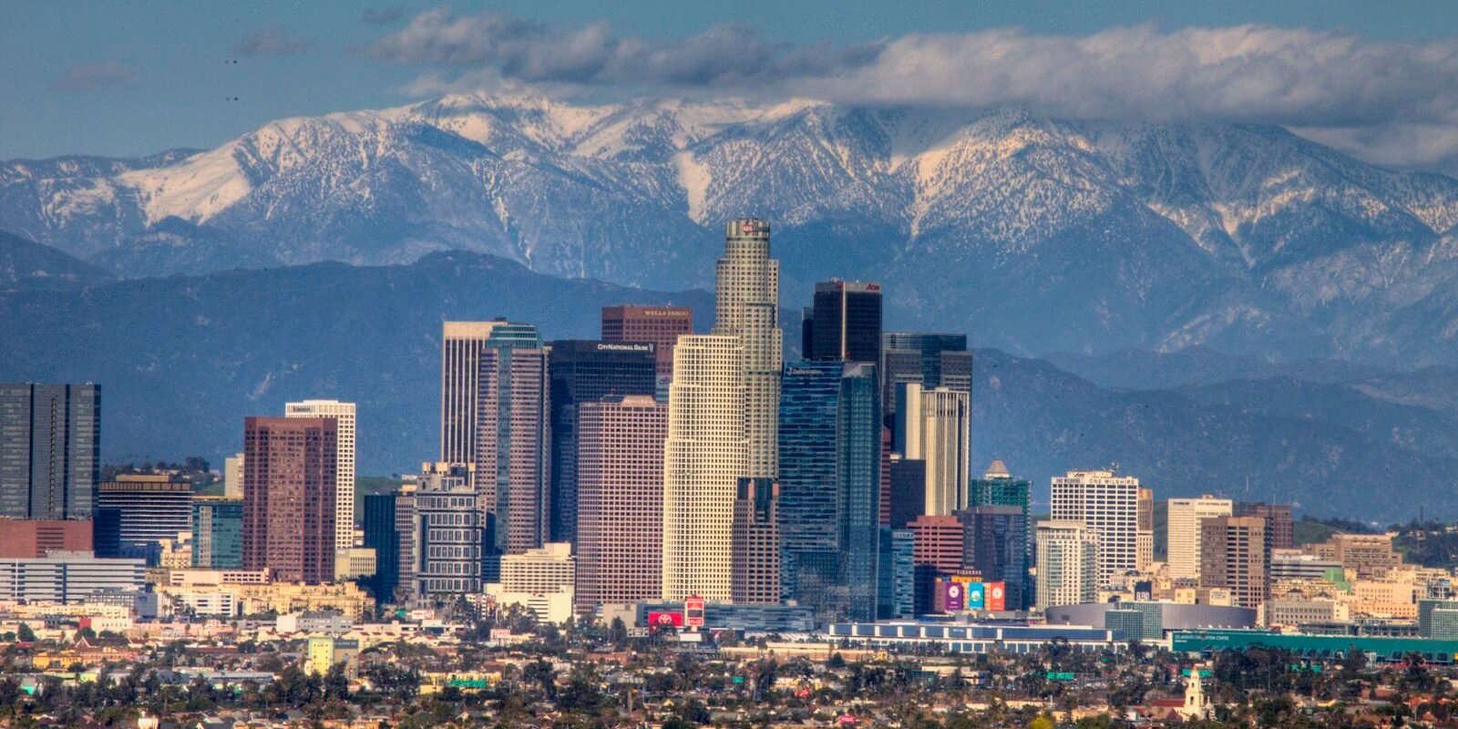 Downtown Los Angeles skyline with mountains behind