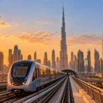 Dubai Metro train on an elevated track with the Dubai skyline
