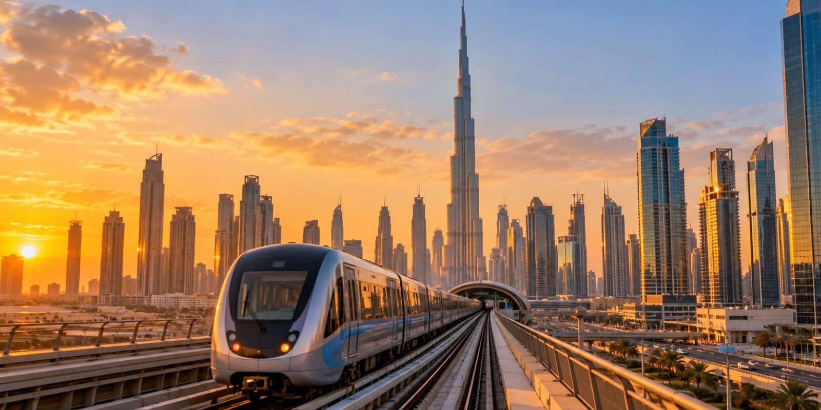 Dubai Metro train on an elevated track with the Dubai skyline
