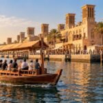 Abra boat crossing Dubai Creek with Old Dubai wind towers