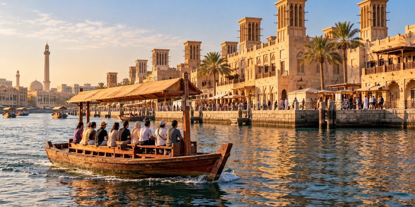 Abra boat crossing Dubai Creek with Old Dubai wind towers