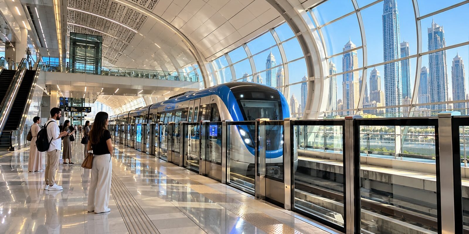 Modern Dubai Metro station platform with a driverless train arriving