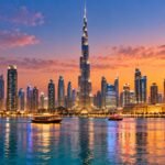 Dubai skyline with the Burj Khalifa at dusk