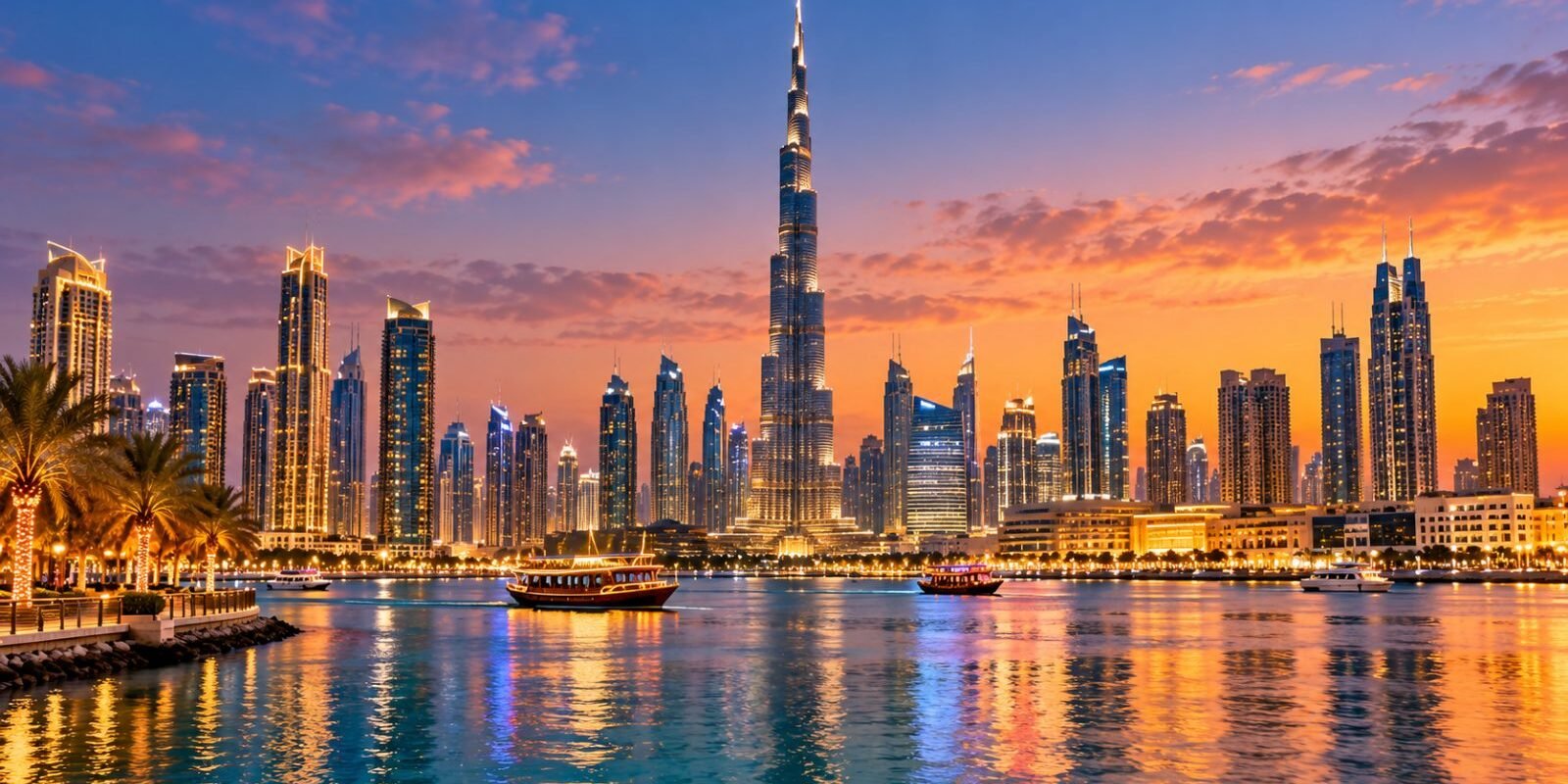 Dubai skyline with the Burj Khalifa at dusk