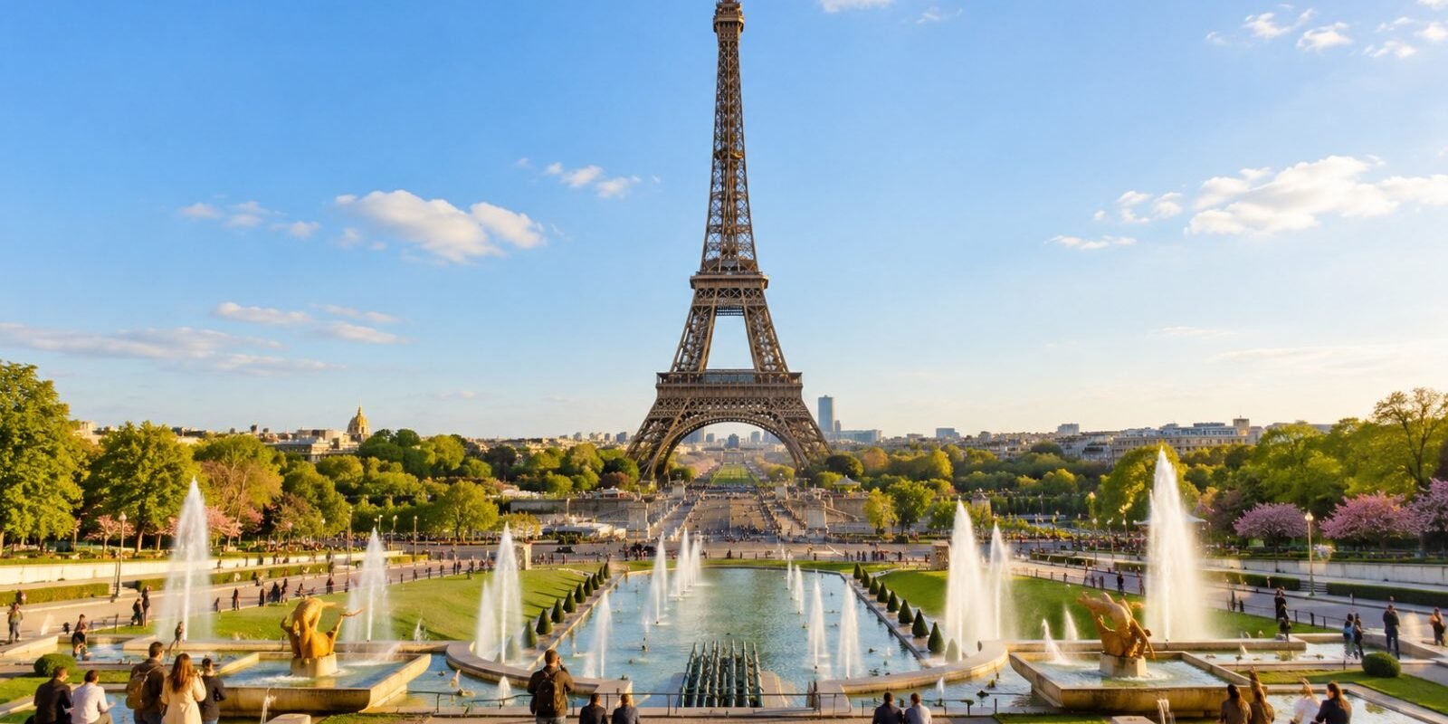 The Eiffel Tower seen from the Trocadero gardens on a sunny morning
