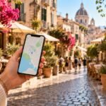 Traveller using a smartphone map in an old European street