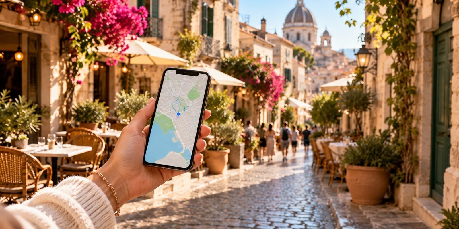 Traveller using a smartphone map in an old European street