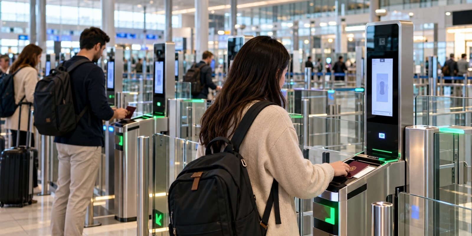 Travellers using automated passport e-gates at a European airport