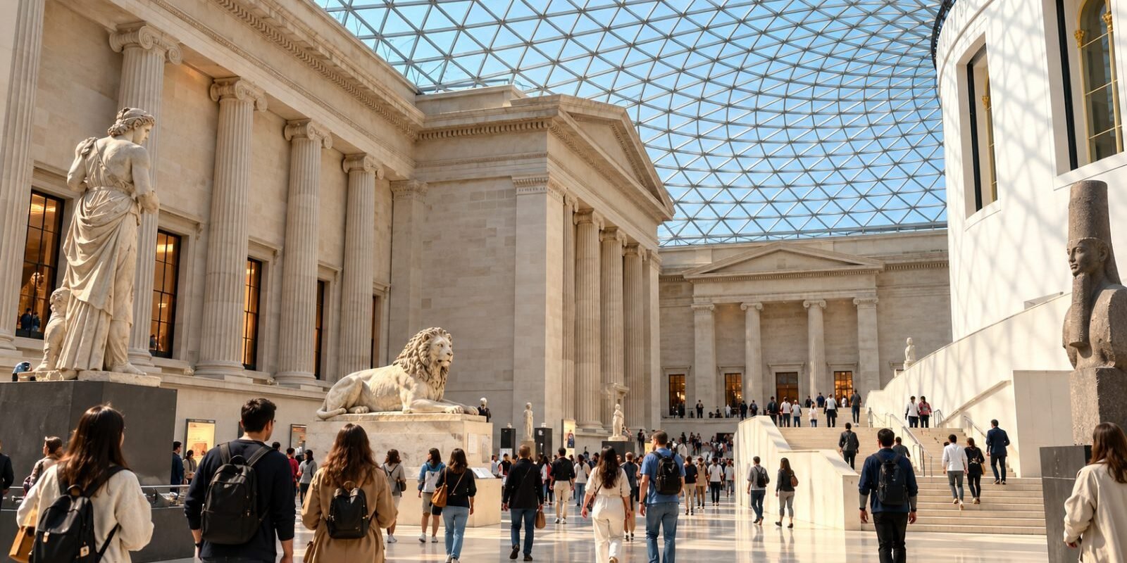 Visitors walking in a grand London museum hall with a glass roof