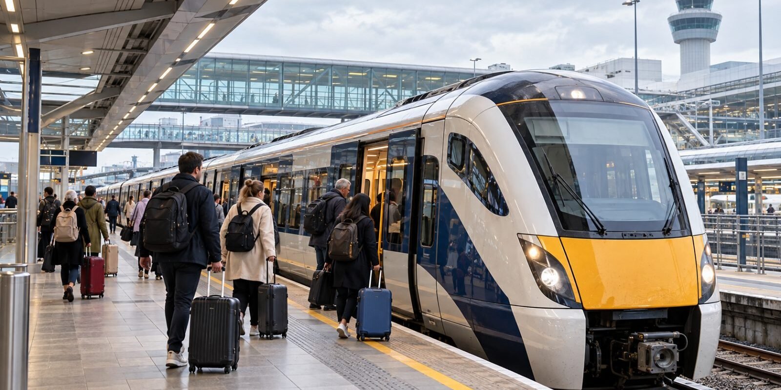 Commuter train at a UK airport railway station platform