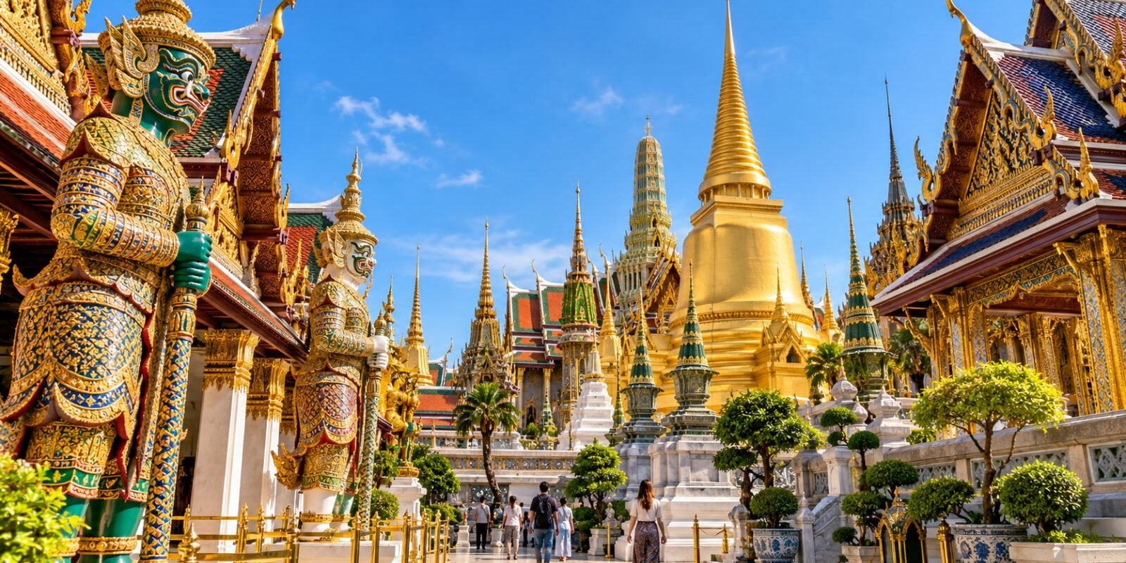 Golden spires and guardian statues at the Grand Palace in Bangkok
