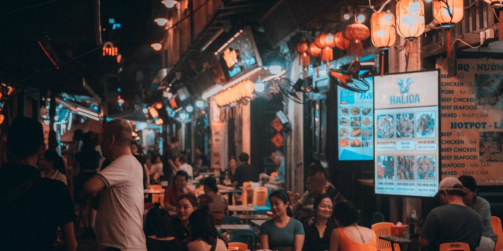 Street food stall at night in Hanoi