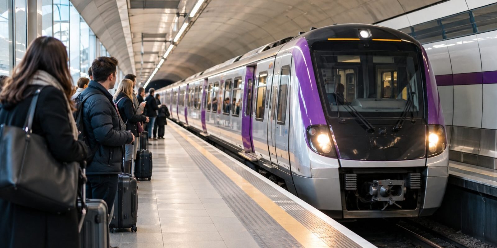 Elizabeth line style train arriving at a London station platform
