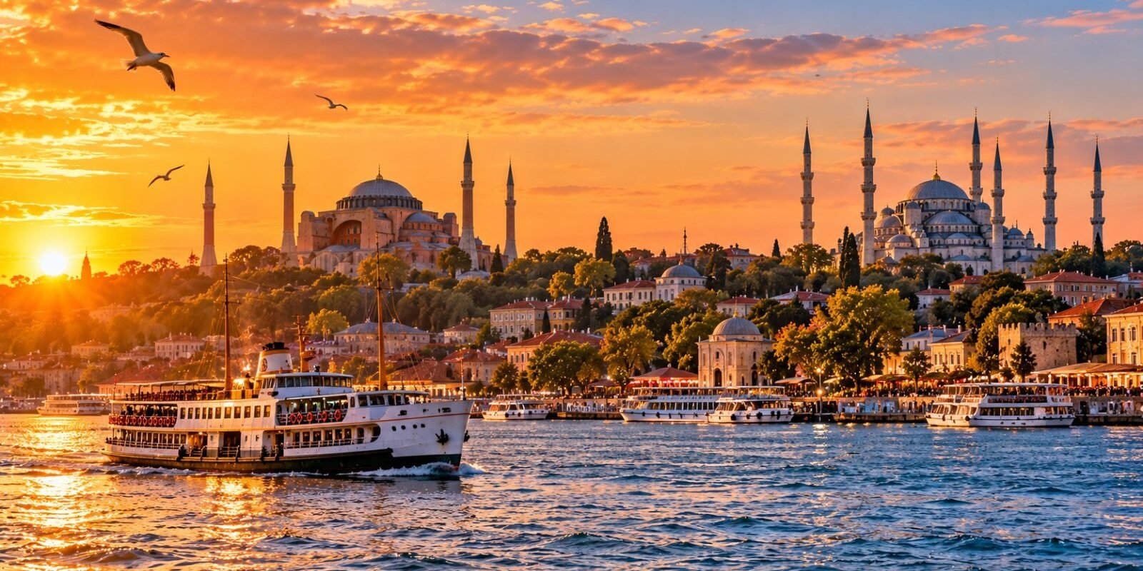 Istanbul skyline with Hagia Sophia and the Blue Mosque from the Bosphorus
