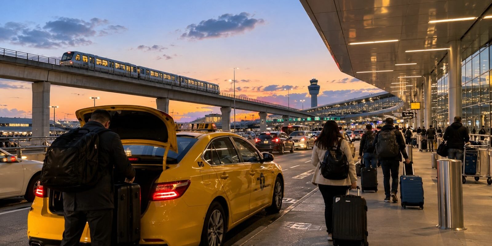 Yellow taxi and AirTrain outside a JFK Airport terminal at dusk