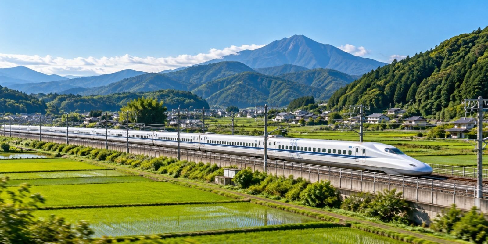 White bullet train passing through the Japanese countryside