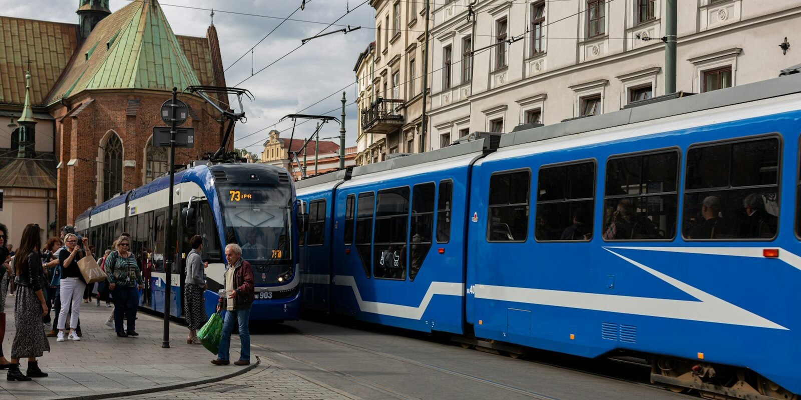 Blue tram in central Krakow